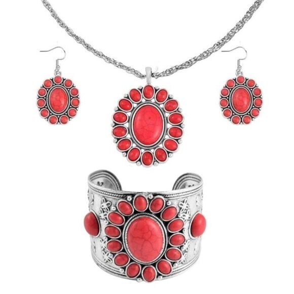 Red Turquoise Jewelry Chunky Set Western Cowgirl Boho Accessories New - Picture 1 of 6